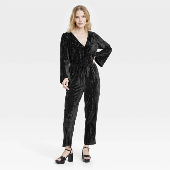A New Day Black Velvety Jumpsuit Long Bell Sleeve Elastic Waist XL - Picture 2 of 14